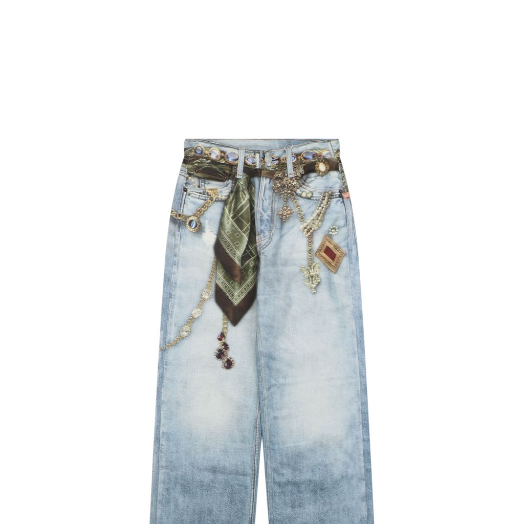 Acne Studios 1996M scarf gemstone pendant print straight leg pants 100 percent cotton high density canvas vintage wash whisker fading mid low rise unisex sizes XS-XXL