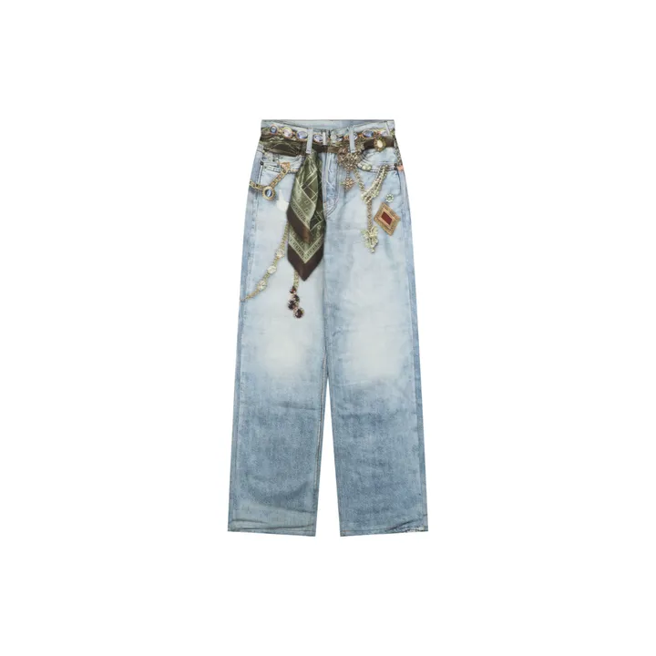Acne Studios 1996M scarf gemstone pendant print straight leg pants 100 percent cotton high density canvas vintage wash whisker fading mid low rise unisex sizes XS-XXL