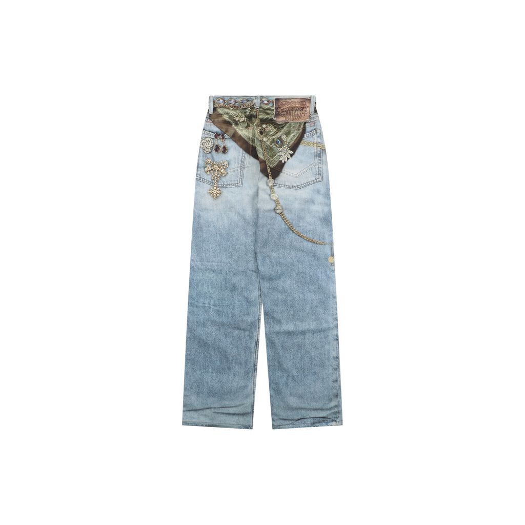 Acne Studios 1996M scarf gemstone pendant print straight leg pants 100 percent cotton high density canvas vintage wash whisker fading mid low rise unisex sizes XS-XXL