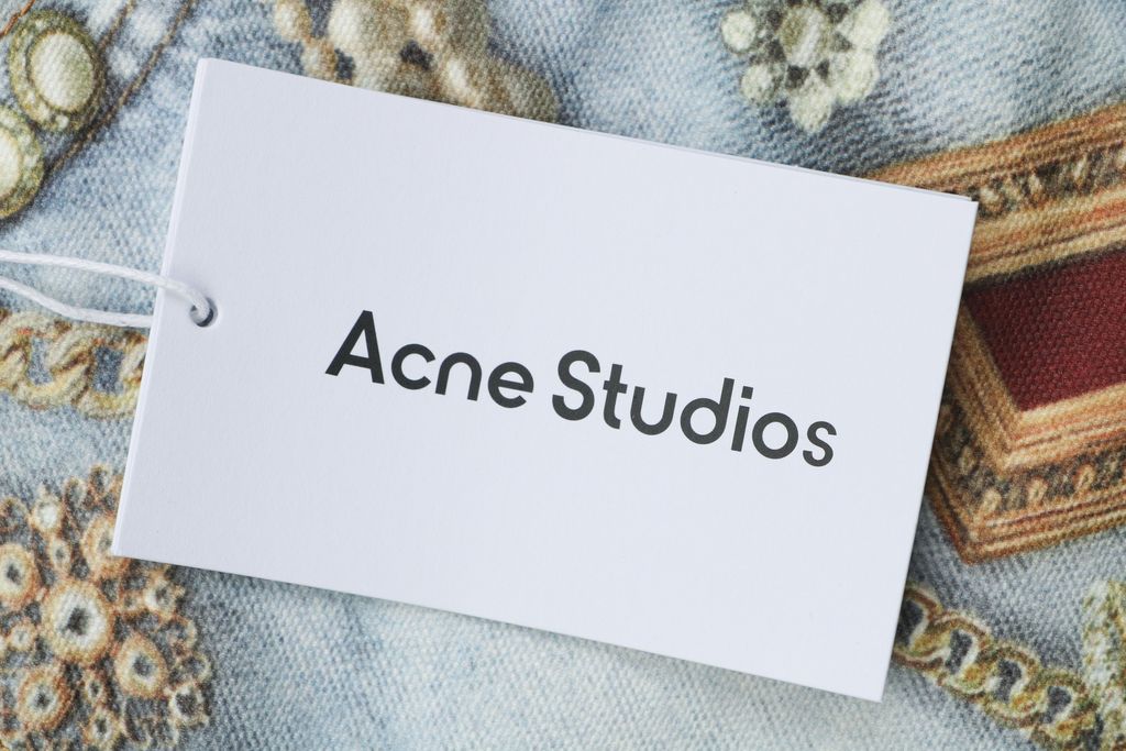 Acne Studios 1996M scarf gemstone pendant print straight leg pants 100 percent cotton high density canvas vintage wash whisker fading mid low rise unisex sizes XS-XXL