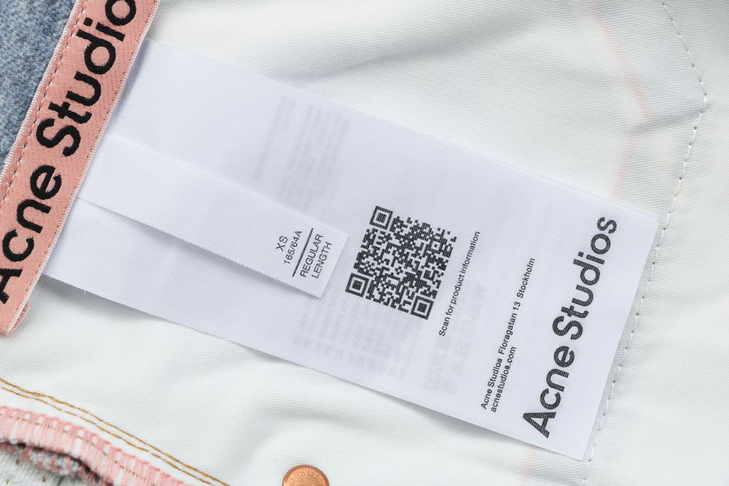 Acne Studios 1996M scarf gemstone pendant print straight leg pants 100 percent cotton high density canvas vintage wash whisker fading mid low rise unisex sizes XS-XXL