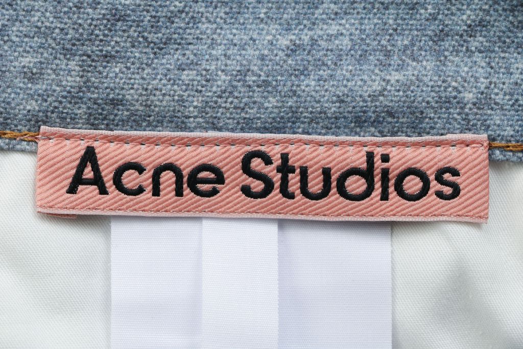 Acne Studios 1996M scarf gemstone pendant print straight leg pants 100 percent cotton high density canvas vintage wash whisker fading mid low rise unisex sizes XS-XXL