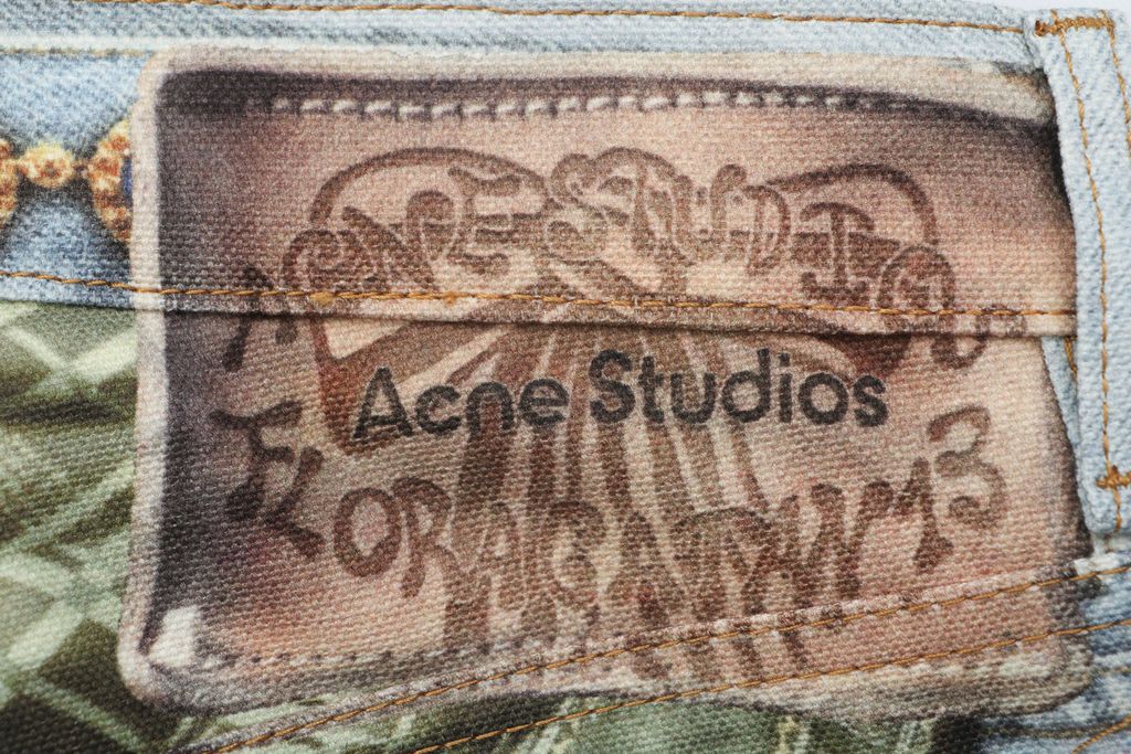 Acne Studios 1996M scarf gemstone pendant print straight leg pants 100 percent cotton high density canvas vintage wash whisker fading mid low rise unisex sizes XS-XXL