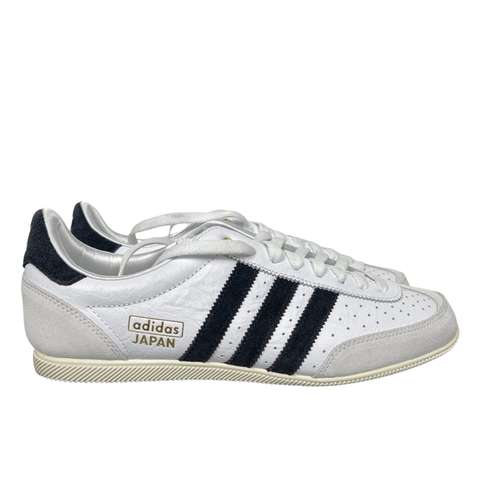 Shop adidas Japan IH5489 in Cloud White, Core Black and Gold Metallic with a leather upper, double-stitched T-toe and archival 1964 low-profile styling.