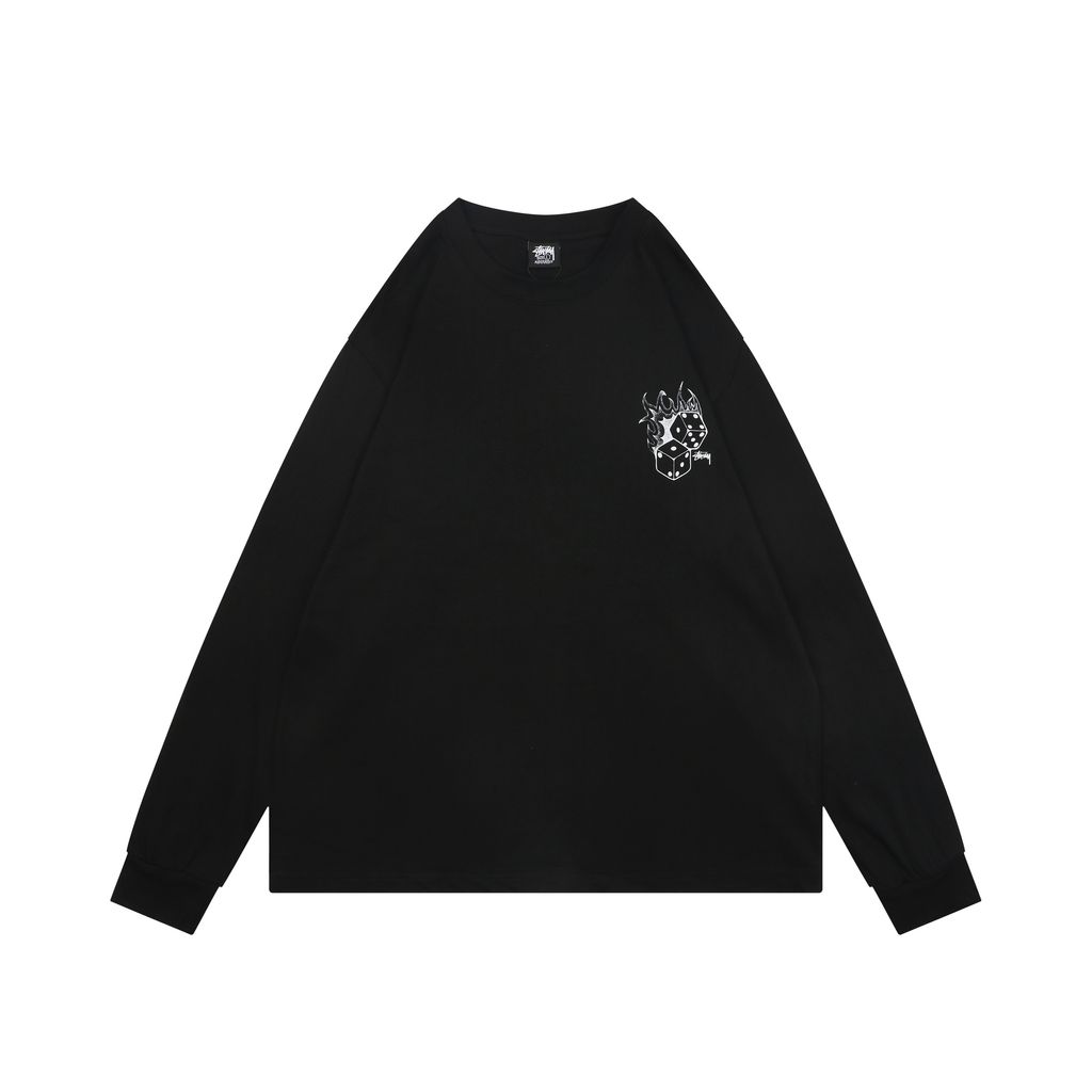 Stussy flame dice print long sleeve T-shirt 230g combed cotton digital direct print double washed relaxed fit graphic tee sizes S-XL