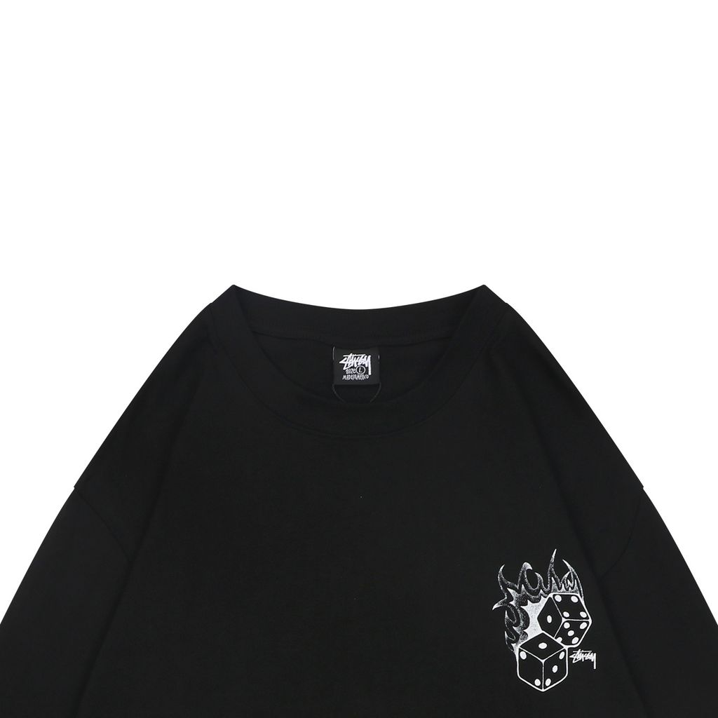 Stussy flame dice print long sleeve T-shirt 230g combed cotton digital direct print double washed relaxed fit graphic tee sizes S-XL