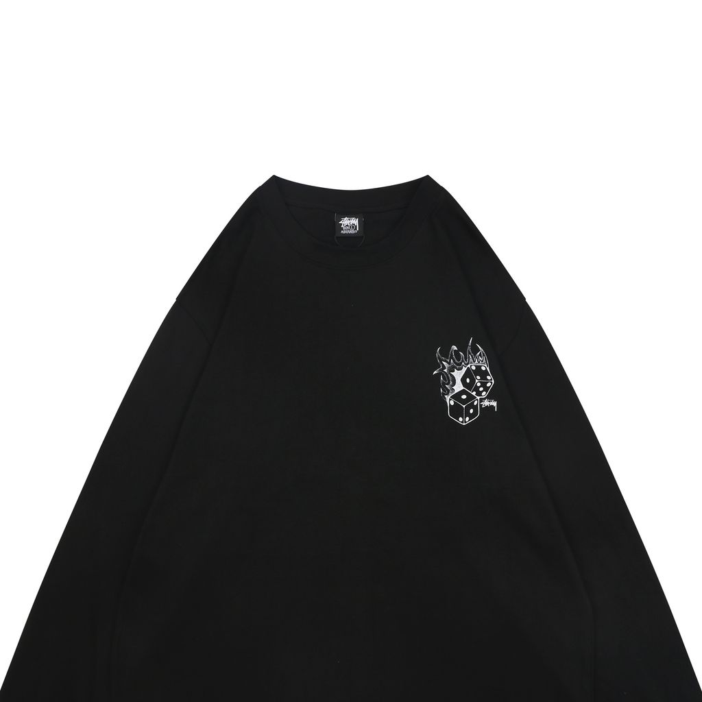 Stussy flame dice print long sleeve T-shirt 230g combed cotton digital direct print double washed relaxed fit graphic tee sizes S-XL