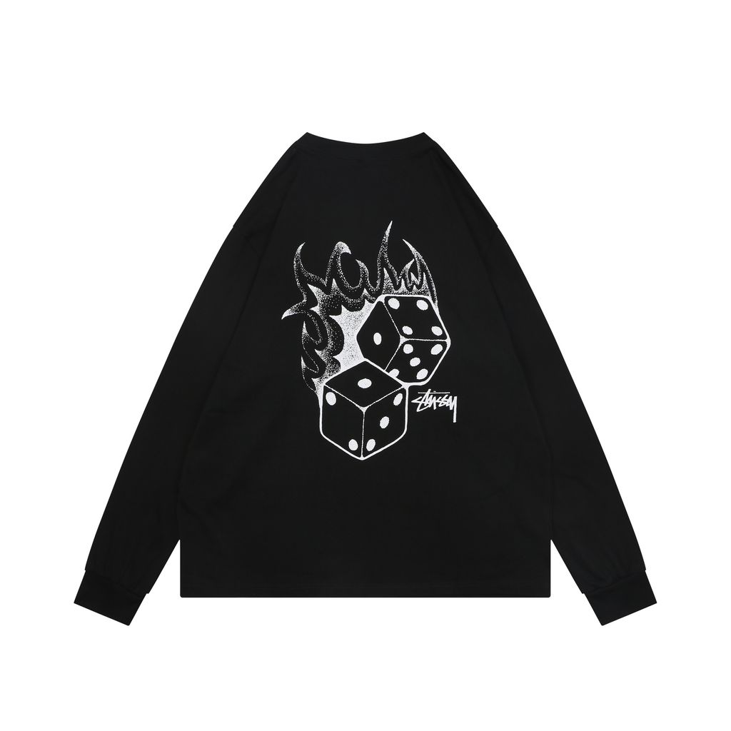 Stussy flame dice print long sleeve T-shirt 230g combed cotton digital direct print double washed relaxed fit graphic tee sizes S-XL
