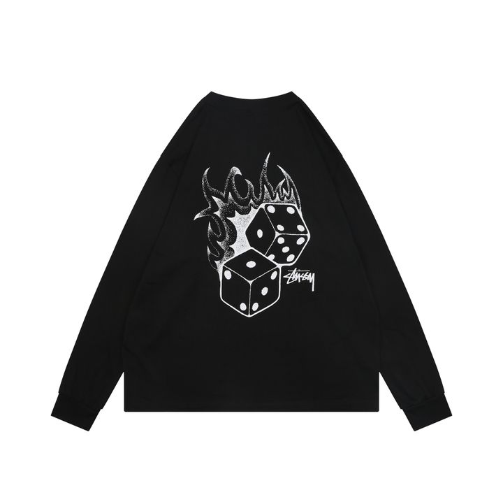 Stussy flame dice print long sleeve T-shirt 230g combed cotton digital direct print double washed relaxed fit graphic tee sizes S-XL