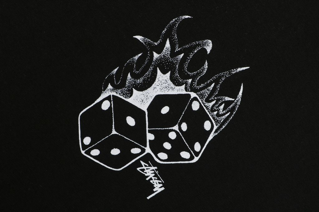 Stussy flame dice print long sleeve T-shirt 230g combed cotton digital direct print double washed relaxed fit graphic tee sizes S-XL