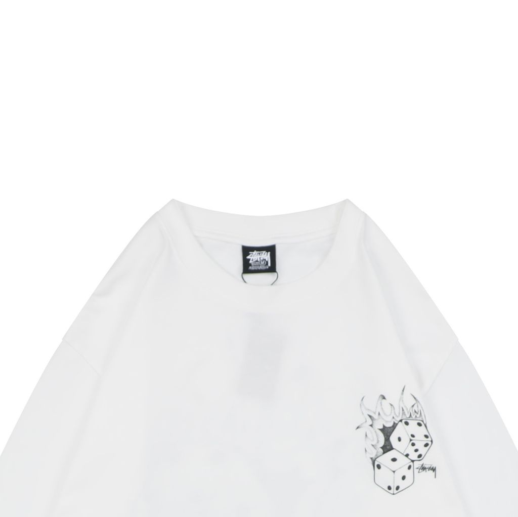 Stussy flame dice print long sleeve T-shirt white 230g combed cotton digital direct print double washed relaxed fit graphic tee sizes S-XL