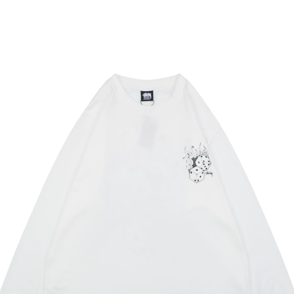 Stussy flame dice print long sleeve T-shirt white 230g combed cotton digital direct print double washed relaxed fit graphic tee sizes S-XL