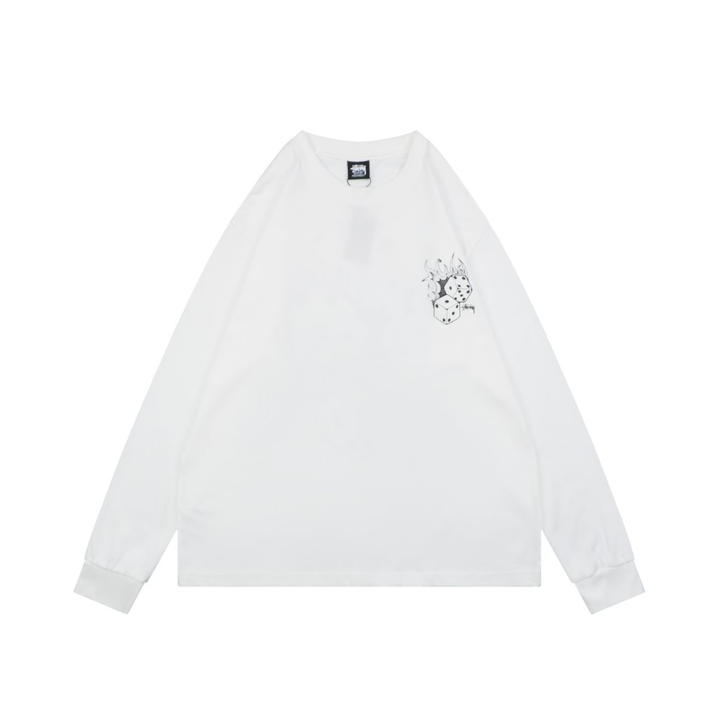 Stussy flame dice print long sleeve T-shirt white 230g combed cotton digital direct print double washed relaxed fit graphic tee sizes S-XL