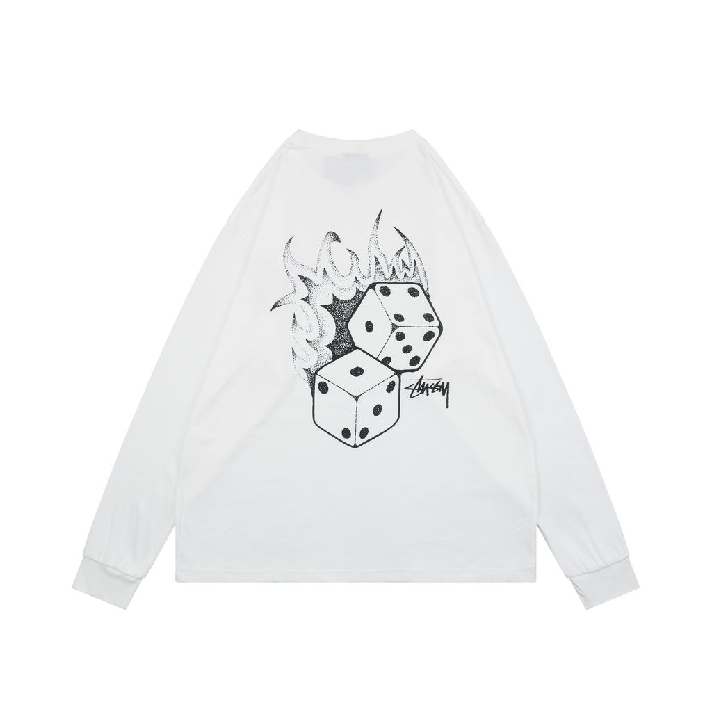 Stussy flame dice print long sleeve T-shirt white 230g combed cotton digital direct print double washed relaxed fit graphic tee sizes S-XL