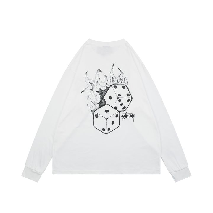 Stussy flame dice print long sleeve T-shirt white 230g combed cotton digital direct print double washed relaxed fit graphic tee sizes S-XL
