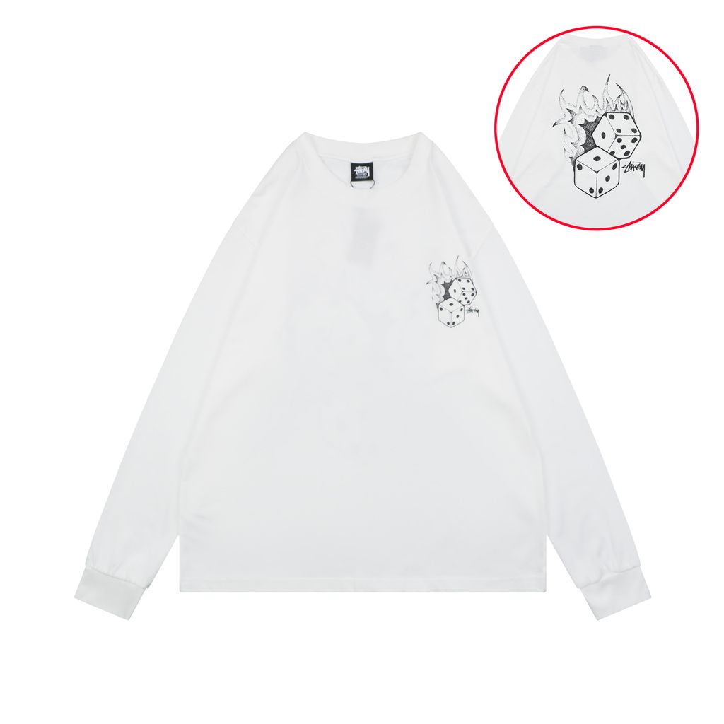 Stussy flame dice print long sleeve T-shirt white 230g combed cotton digital direct print double washed relaxed fit graphic tee sizes S-XL