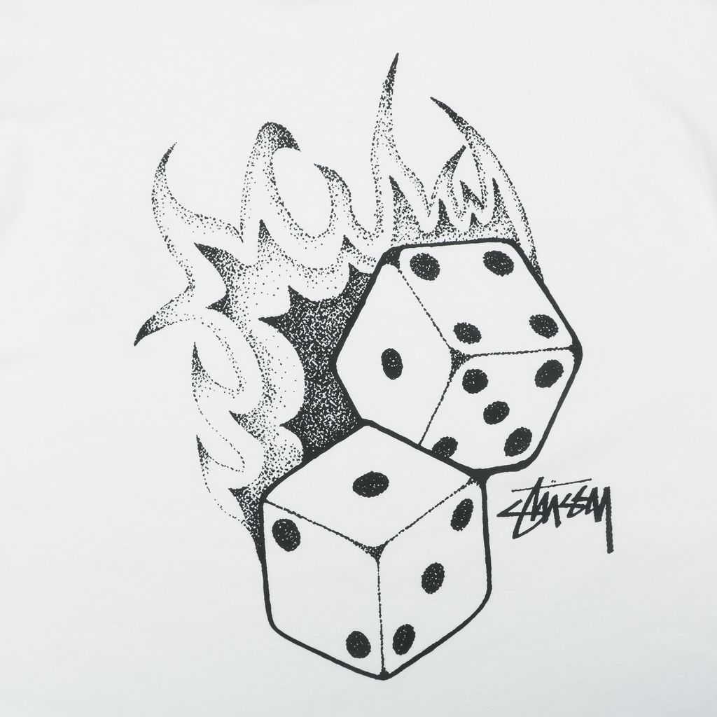 Stussy flame dice print long sleeve T-shirt white 230g combed cotton digital direct print double washed relaxed fit graphic tee sizes S-XL