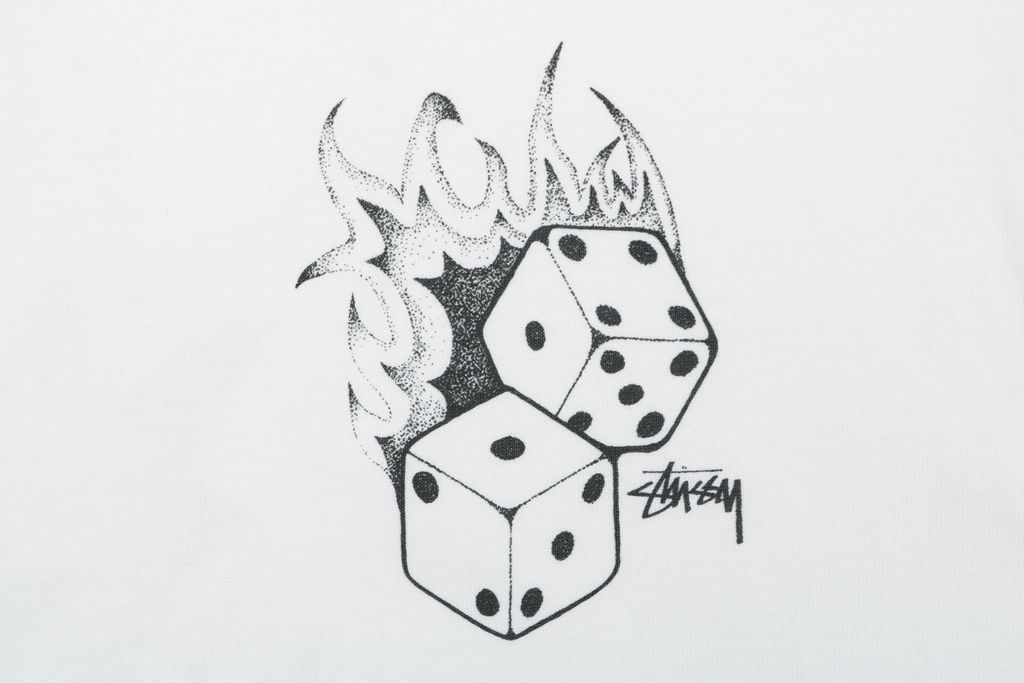 Stussy flame dice print long sleeve T-shirt white 230g combed cotton digital direct print double washed relaxed fit graphic tee sizes S-XL