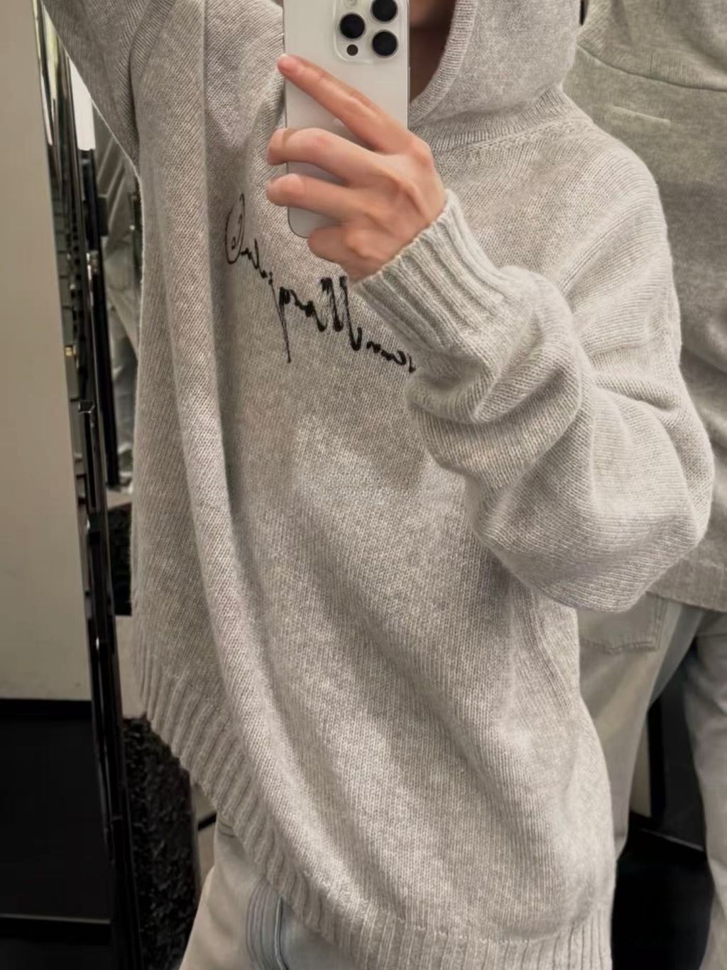 MM6 Maison Margiela signature letter hooded knit sweater light heather grey 80 percent wool 20 percent polyester handwritten print relaxed drop shoulder sizes S-XL
