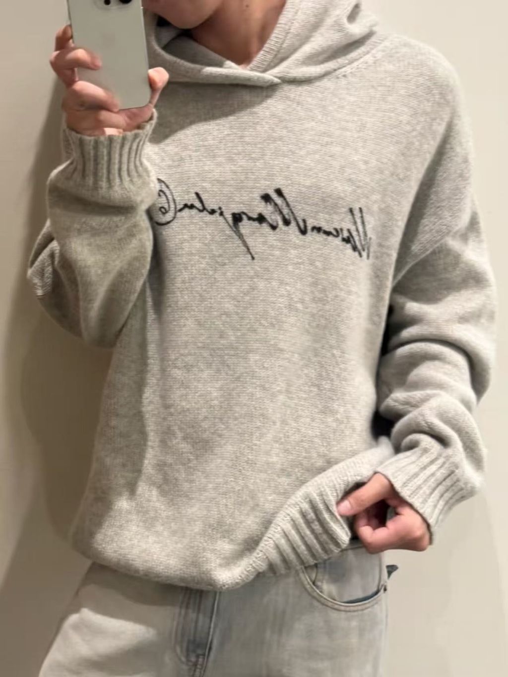 MM6 Maison Margiela signature letter hooded knit sweater light heather grey 80 percent wool 20 percent polyester handwritten print relaxed drop shoulder sizes S-XL