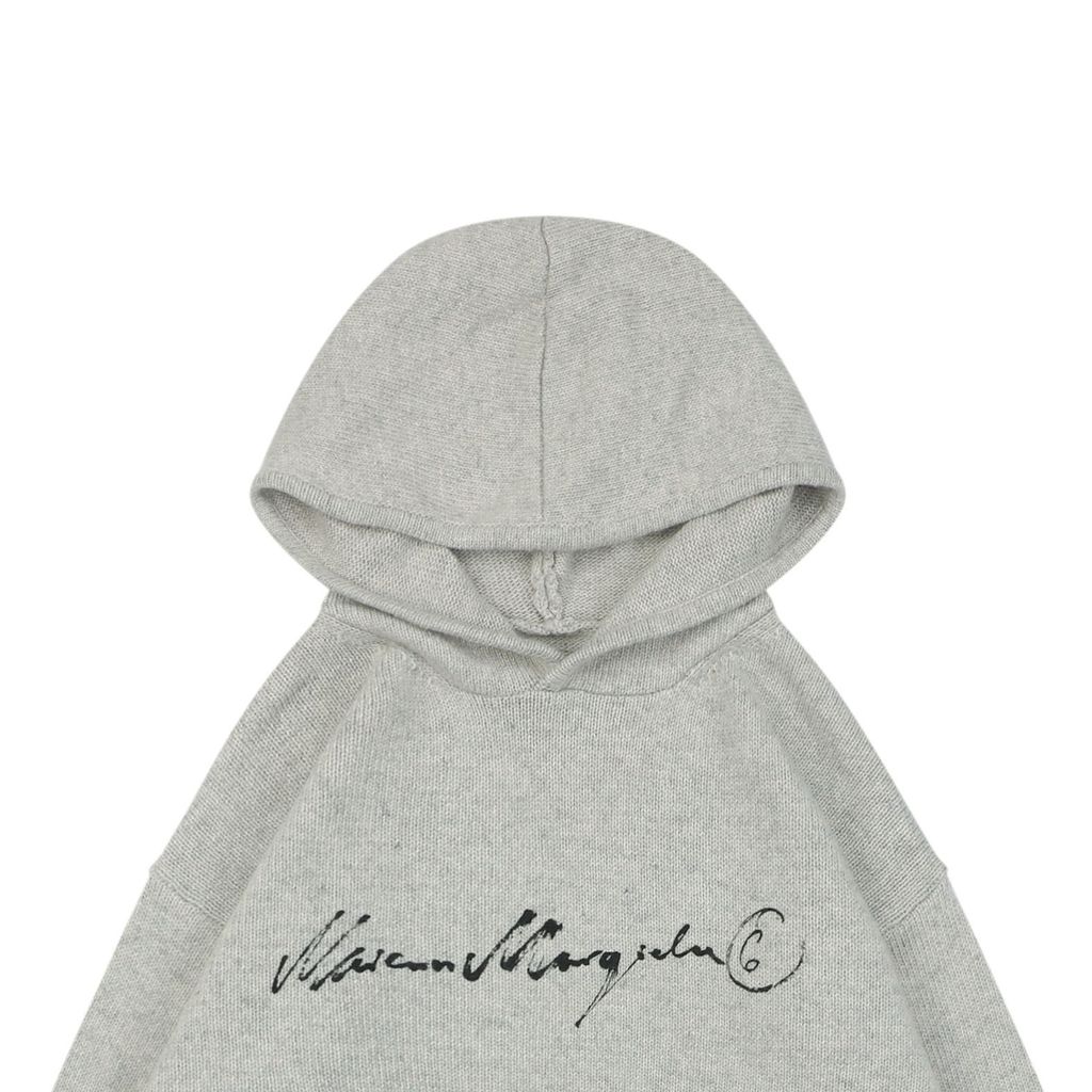 MM6 Maison Margiela signature letter hooded knit sweater light heather grey 80 percent wool 20 percent polyester handwritten print relaxed drop shoulder sizes S-XL