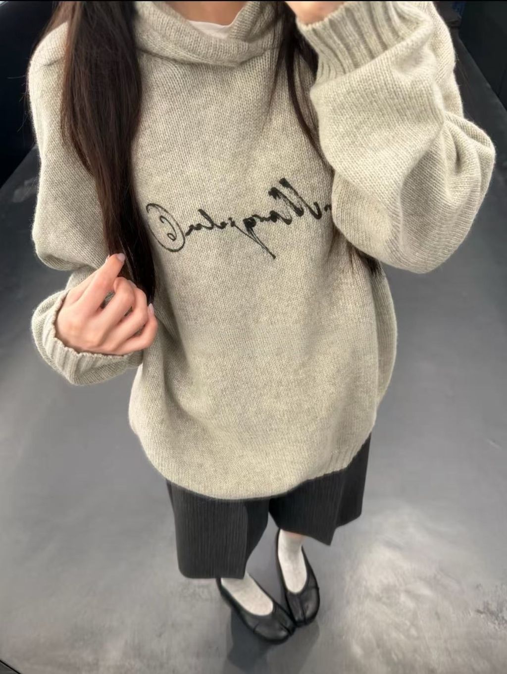 MM6 Maison Margiela signature letter hooded knit sweater light heather grey 80 percent wool 20 percent polyester handwritten print relaxed drop shoulder sizes S-XL