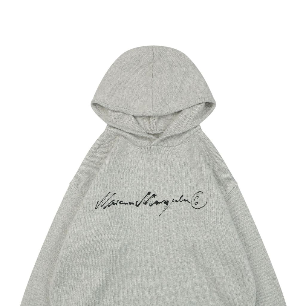 MM6 Maison Margiela signature letter hooded knit sweater light heather grey 80 percent wool 20 percent polyester handwritten print relaxed drop shoulder sizes S-XL