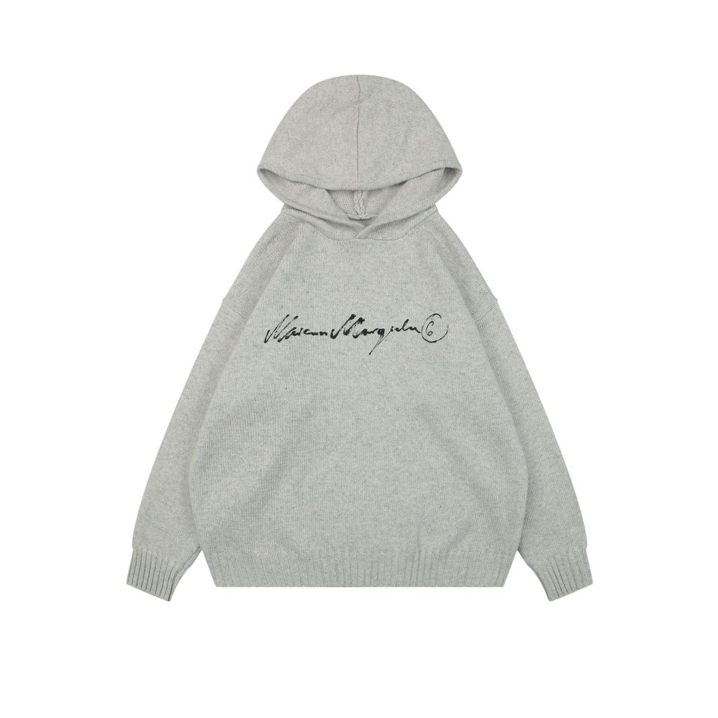 MM6 Maison Margiela signature letter hooded knit sweater light heather grey 80 percent wool 20 percent polyester handwritten print relaxed drop shoulder sizes S-XL