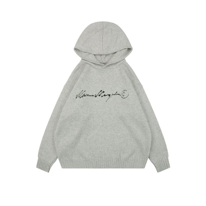 MM6 Maison Margiela signature letter hooded knit sweater light heather grey 80 percent wool 20 percent polyester handwritten print relaxed drop shoulder sizes S-XL