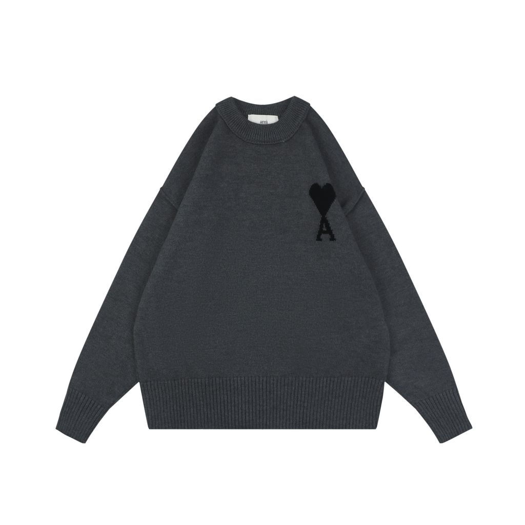 AMI Paris heart intarsia crew neck sweater 50 percent cashmere 40 percent cotton 10 percent nylon STOLL knit reverse linking unisex pullover sizes S-XL