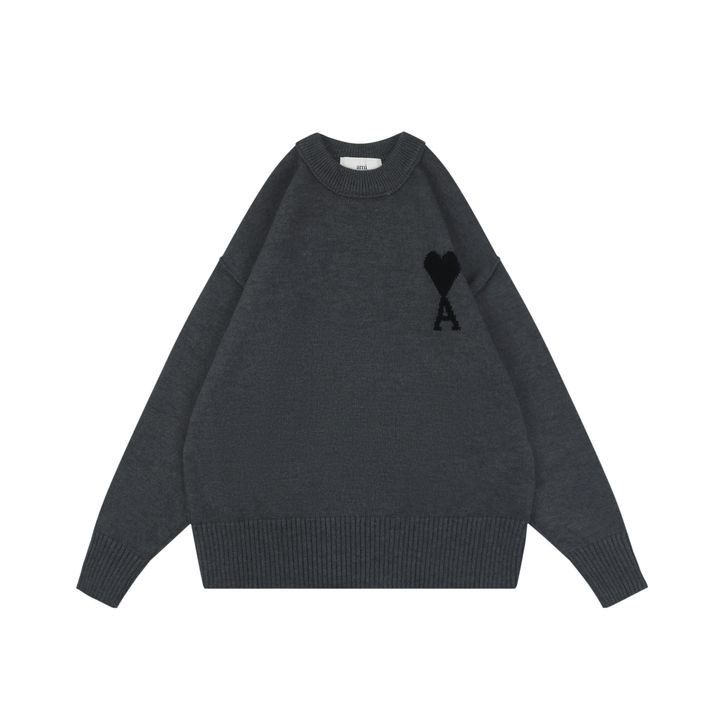AMI Paris heart intarsia crew neck sweater 50 percent cashmere 40 percent cotton 10 percent nylon STOLL knit reverse linking unisex pullover sizes S-XL