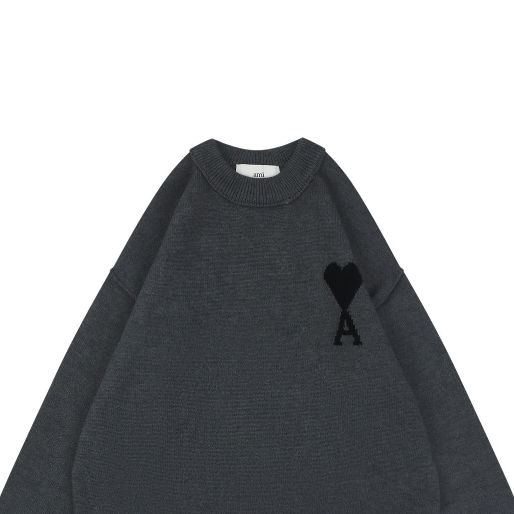 AMI Paris heart intarsia crew neck sweater 50 percent cashmere 40 percent cotton 10 percent nylon STOLL knit reverse linking unisex pullover sizes S-XL