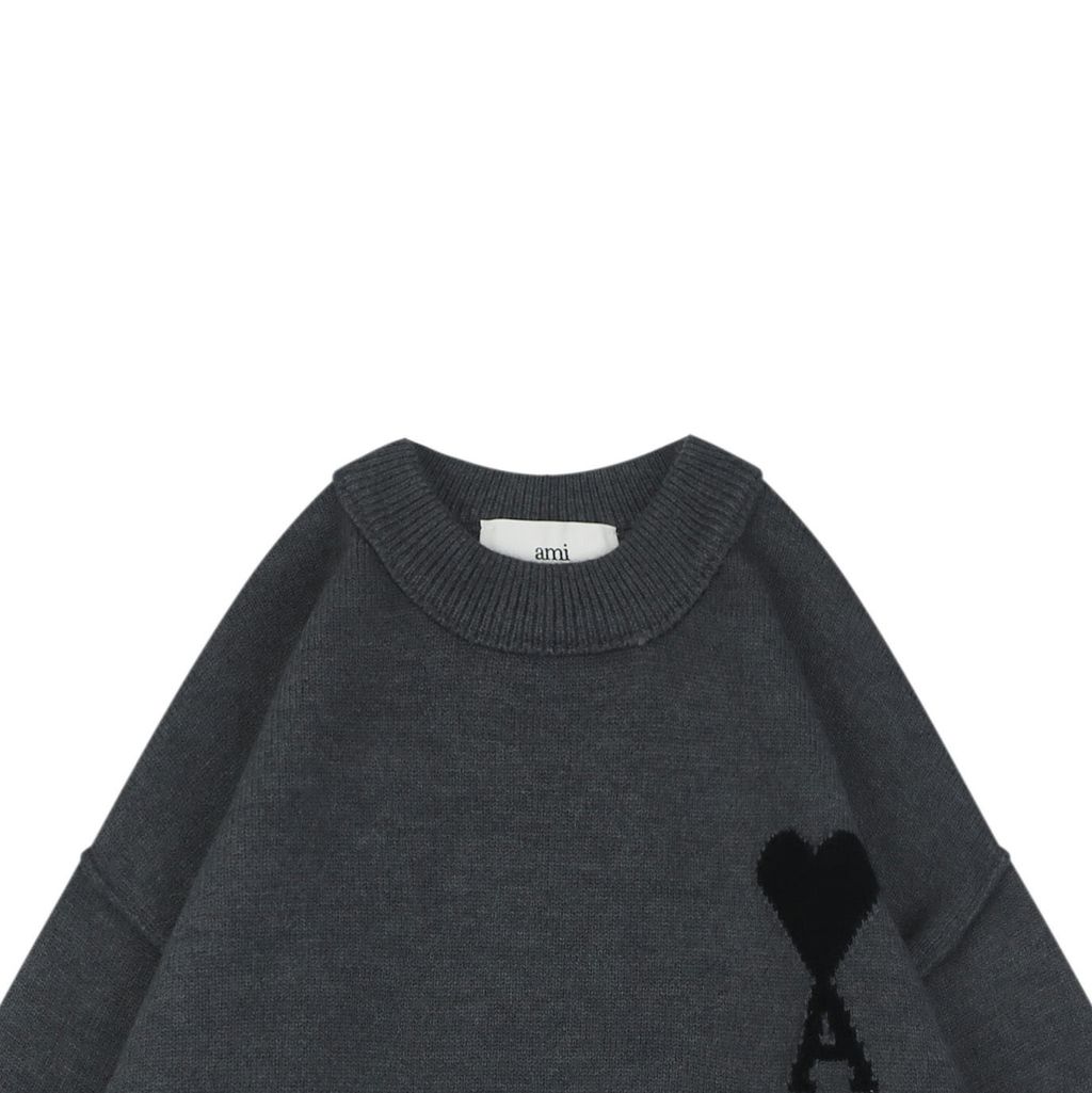 AMI Paris heart intarsia crew neck sweater 50 percent cashmere 40 percent cotton 10 percent nylon STOLL knit reverse linking unisex pullover sizes S-XL