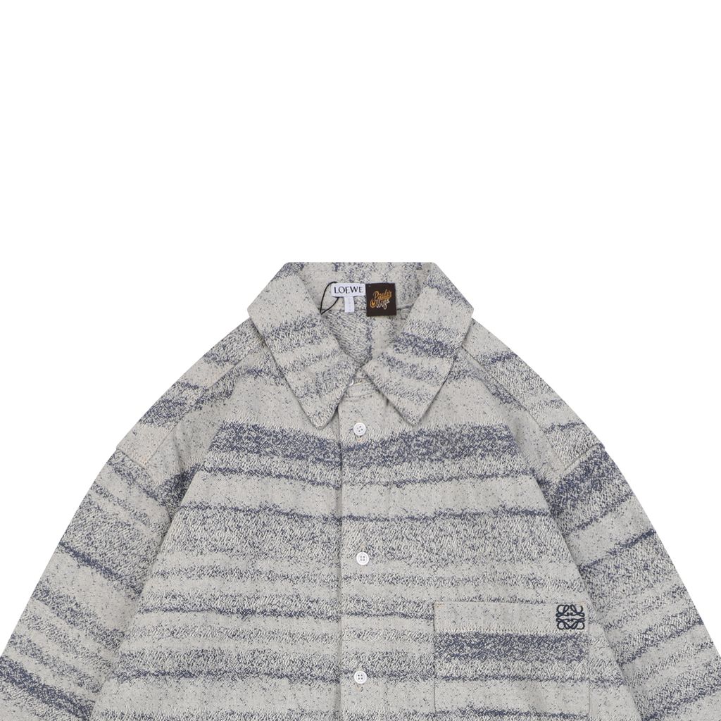LOEWE pocket flower logo stripe long sleeve shirt 450g 100 percent cotton jacquard embroidered detail custom buttons relaxed fit sizes 36 38 40 42