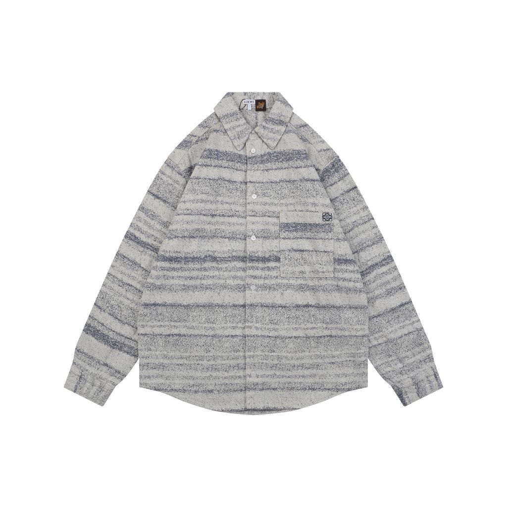 LOEWE pocket flower logo stripe long sleeve shirt 450g 100 percent cotton jacquard embroidered detail custom buttons relaxed fit sizes 36 38 40 42