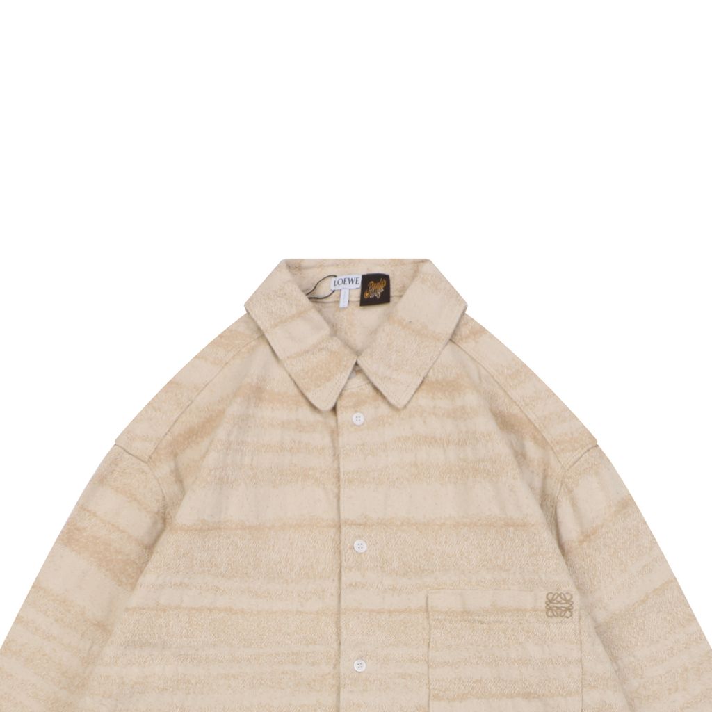 LOEWE pocket flower logo stripe long sleeve shirt beige 450g 100 percent cotton jacquard embroidered detail custom buttons relaxed fit sizes 36 38 40 42