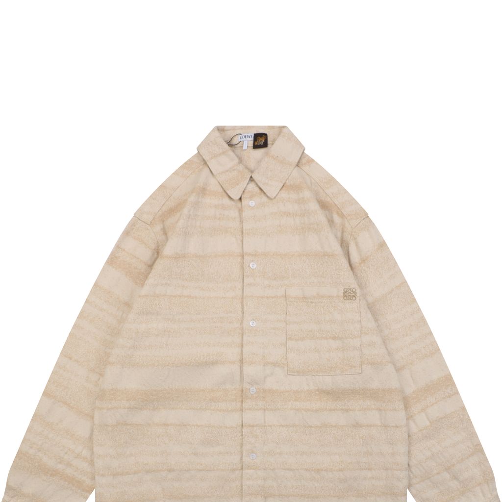 LOEWE pocket flower logo stripe long sleeve shirt beige 450g 100 percent cotton jacquard embroidered detail custom buttons relaxed fit sizes 36 38 40 42