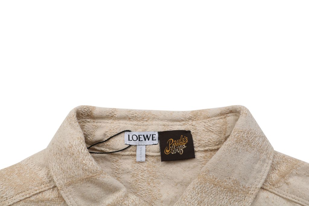 LOEWE pocket flower logo stripe long sleeve shirt beige 450g 100 percent cotton jacquard embroidered detail custom buttons relaxed fit sizes 36 38 40 42