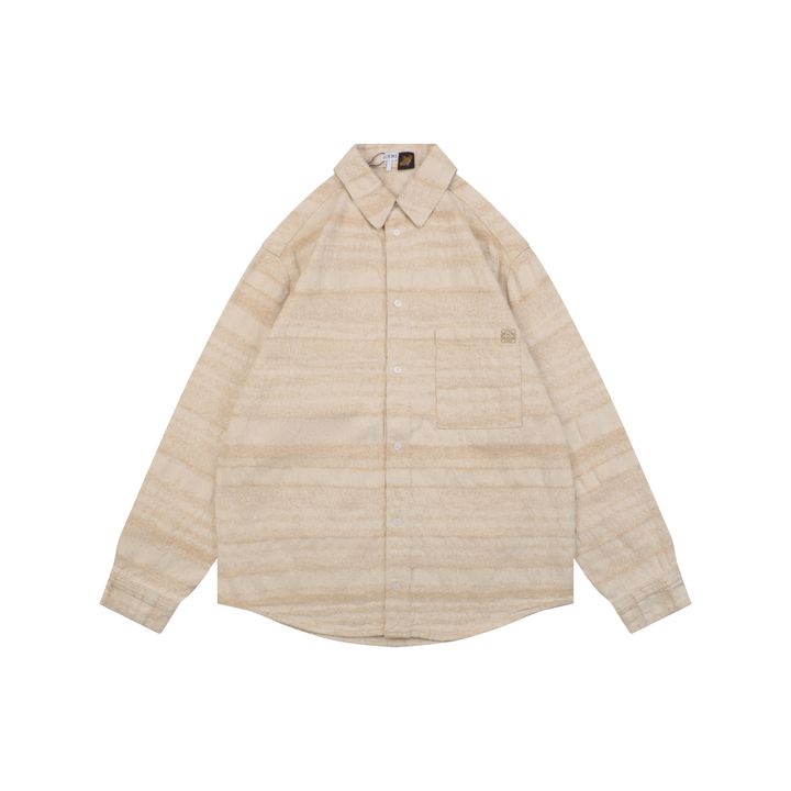 LOEWE pocket flower logo stripe long sleeve shirt beige 450g 100 percent cotton jacquard embroidered detail custom buttons relaxed fit sizes 36 38 40 42