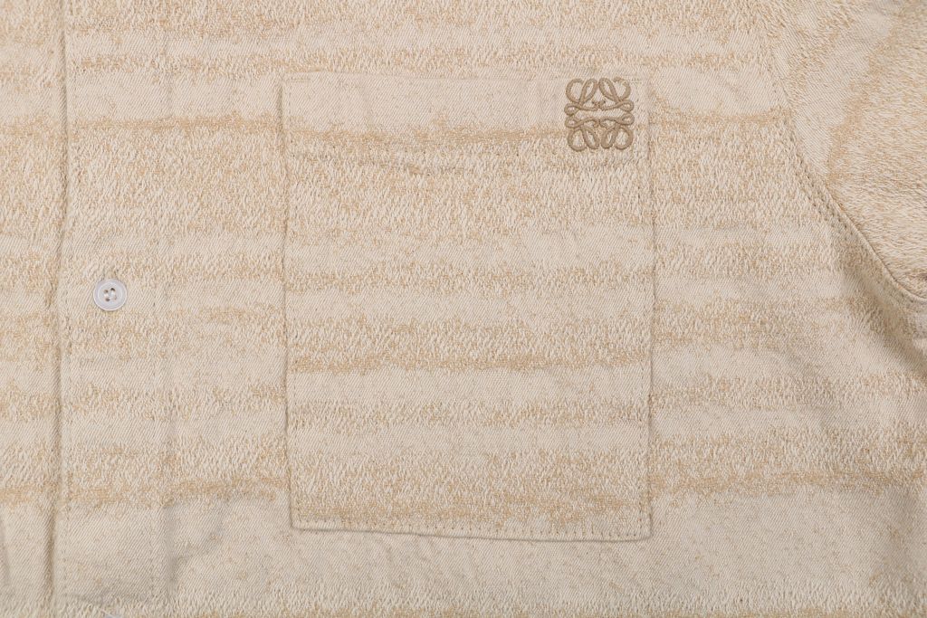 LOEWE pocket flower logo stripe long sleeve shirt beige 450g 100 percent cotton jacquard embroidered detail custom buttons relaxed fit sizes 36 38 40 42