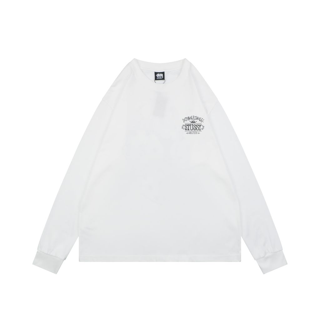 Stussy crown letter print long sleeve T-shirt white 230g combed cotton digital direct print double washed relaxed fit graphic tee sizes S-XL
