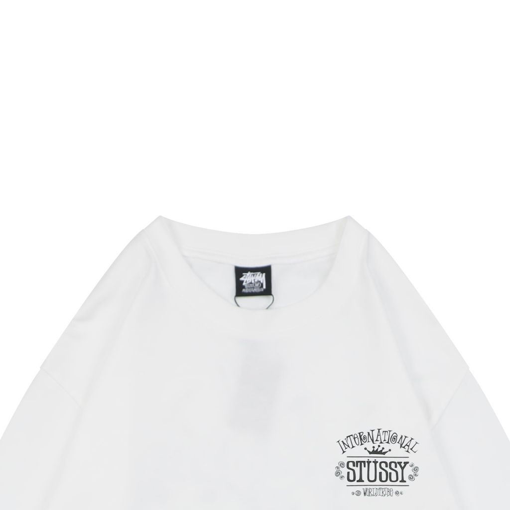 Stussy crown letter print long sleeve T-shirt white 230g combed cotton digital direct print double washed relaxed fit graphic tee sizes S-XL