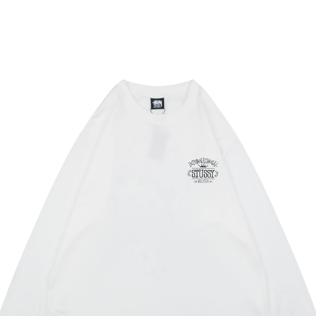 Stussy crown letter print long sleeve T-shirt white 230g combed cotton digital direct print double washed relaxed fit graphic tee sizes S-XL