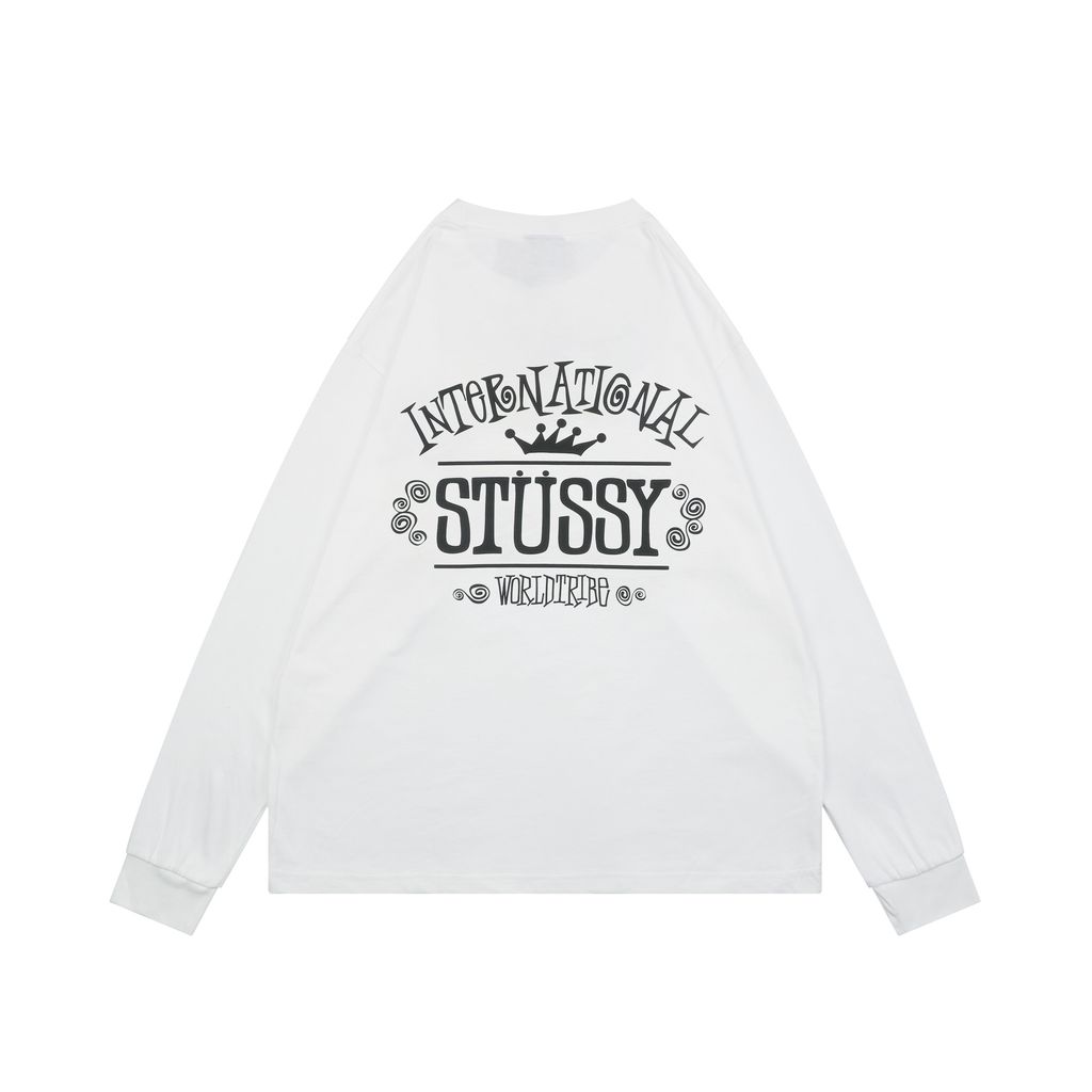 Stussy crown letter print long sleeve T-shirt white 230g combed cotton digital direct print double washed relaxed fit graphic tee sizes S-XL