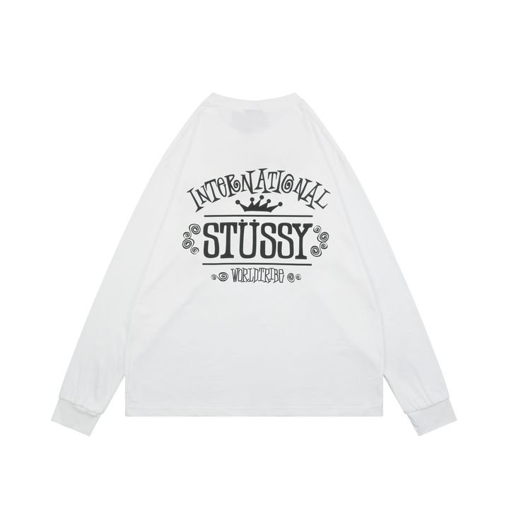 Stussy crown letter print long sleeve T-shirt white 230g combed cotton digital direct print double washed relaxed fit graphic tee sizes S-XL
