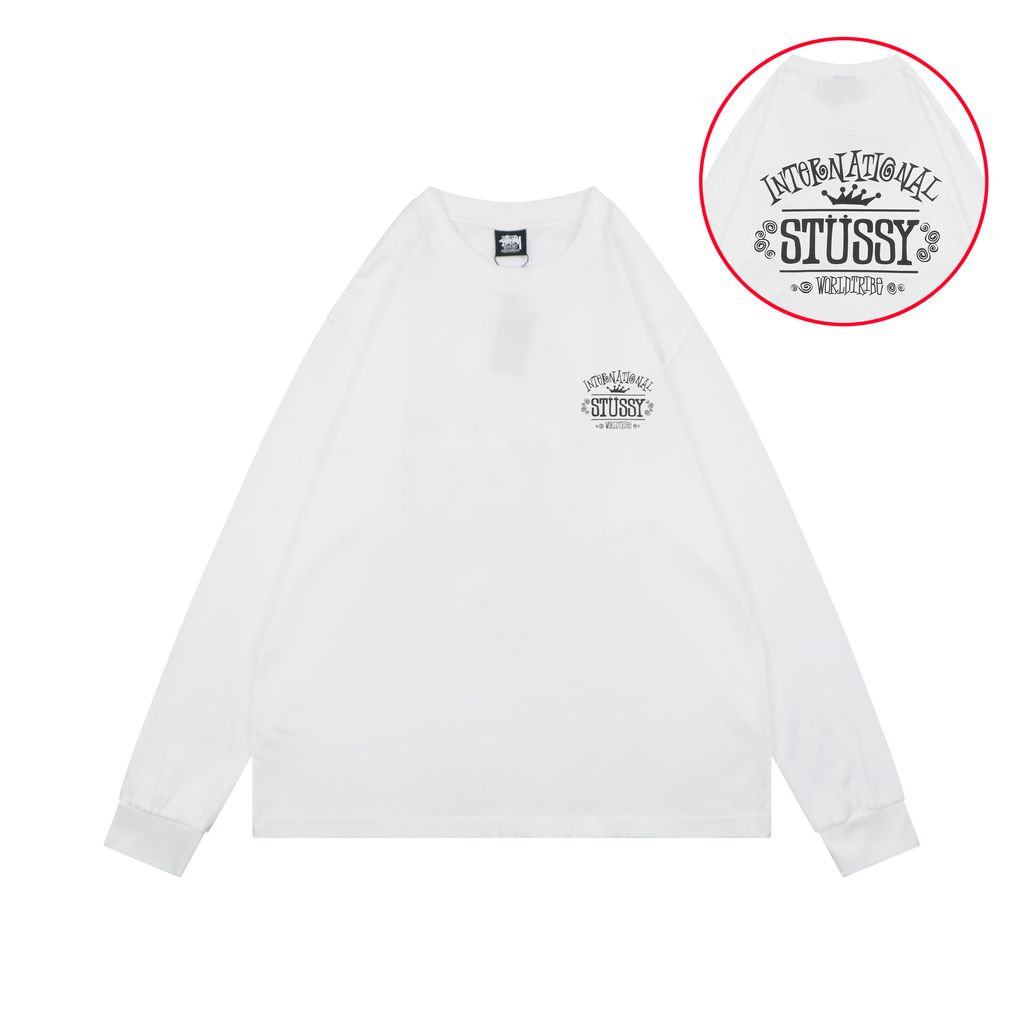 Stussy crown letter print long sleeve T-shirt white 230g combed cotton digital direct print double washed relaxed fit graphic tee sizes S-XL