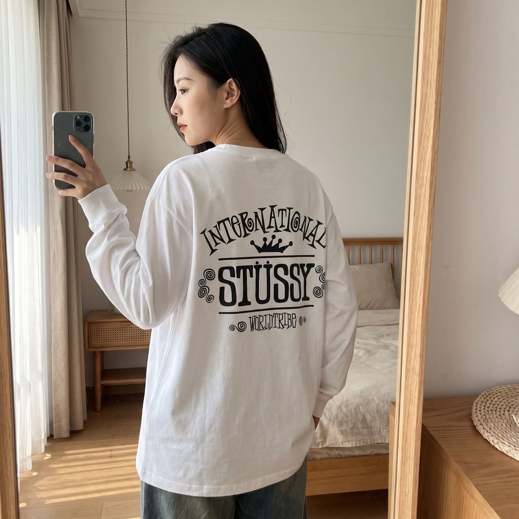 Stussy crown letter print long sleeve T-shirt white 230g combed cotton digital direct print double washed relaxed fit graphic tee sizes S-XL