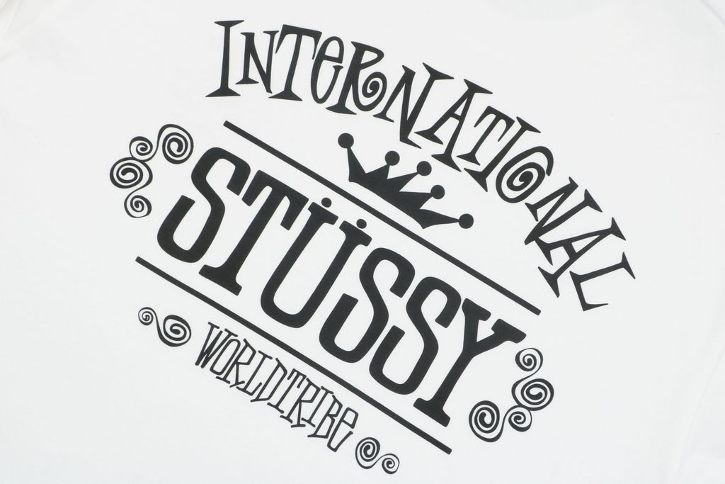 Stussy crown letter print long sleeve T-shirt white 230g combed cotton digital direct print double washed relaxed fit graphic tee sizes S-XL