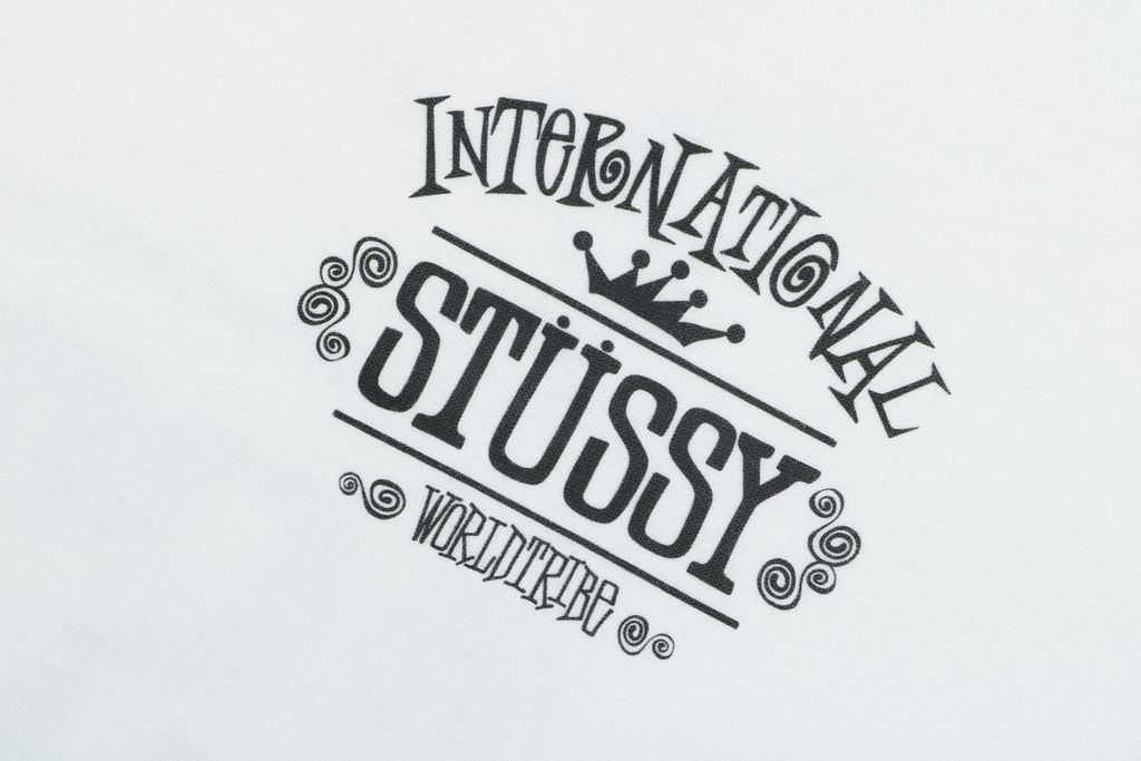 Stussy crown letter print long sleeve T-shirt white 230g combed cotton digital direct print double washed relaxed fit graphic tee sizes S-XL