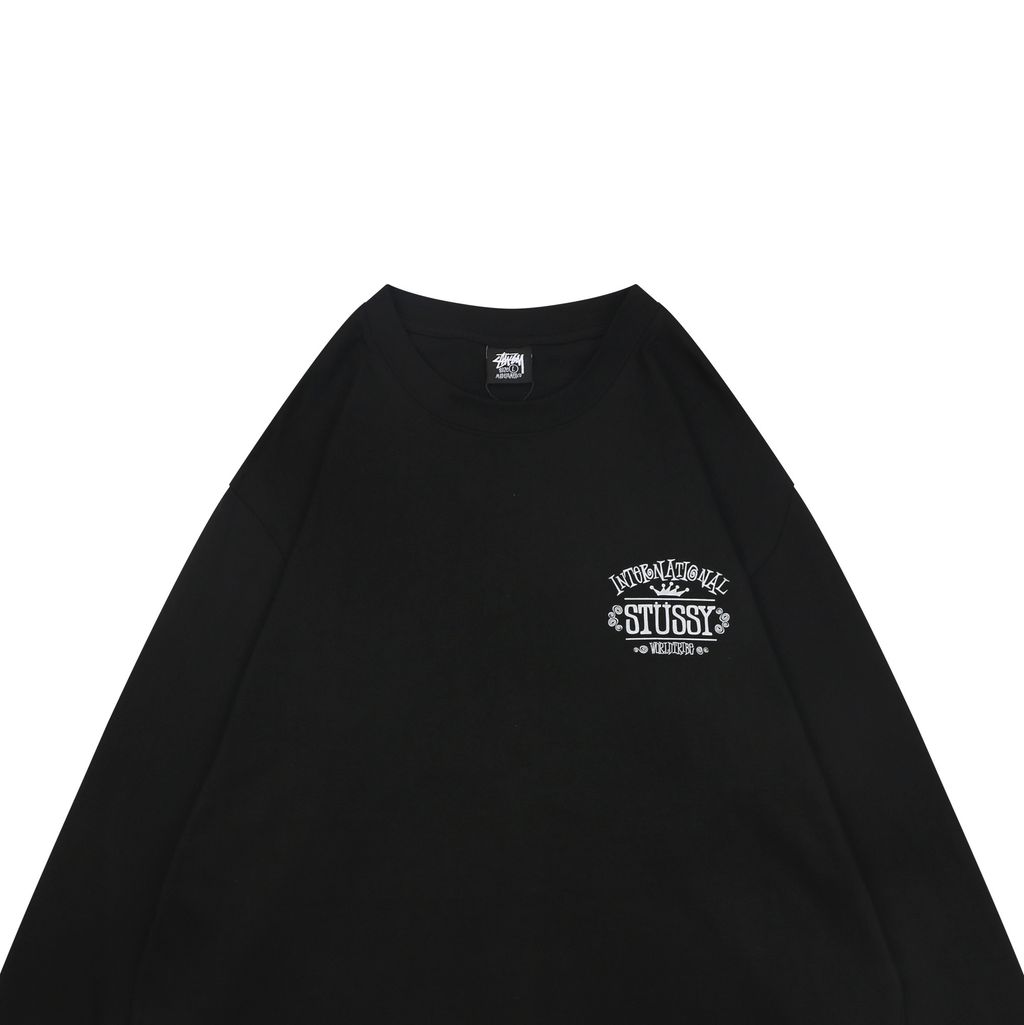 Stussy crown letter print long sleeve T-shirt black 230g combed cotton digital direct print double washed relaxed fit graphic tee sizes S-XL